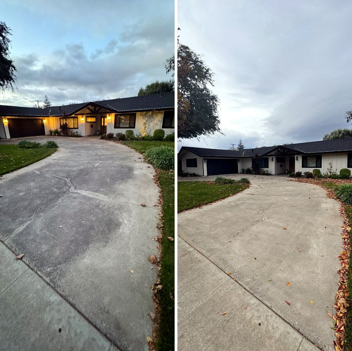 Before and after pressure washing a home's concrete driveway and entrance in the Bay Area — grimy, stained concrete restored to a clean, even finish.