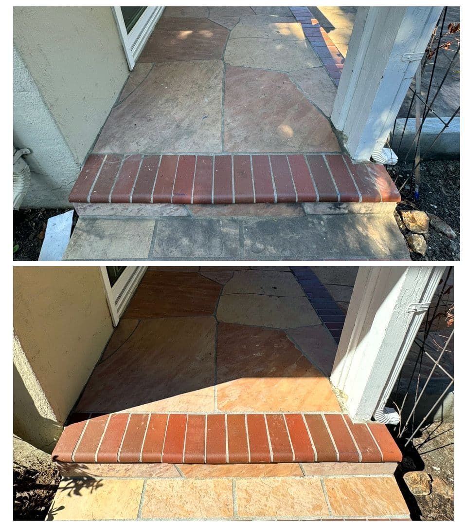 Before and after cleaning a flagstone porch and brick step — built-up grime lifted to reveal the warm stone and brick color.