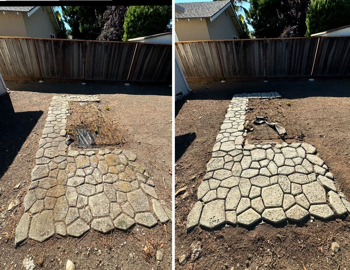 Before and after cleaning a stone walkway — moss and dirt removed from the pavers for a crisp, uniform path.