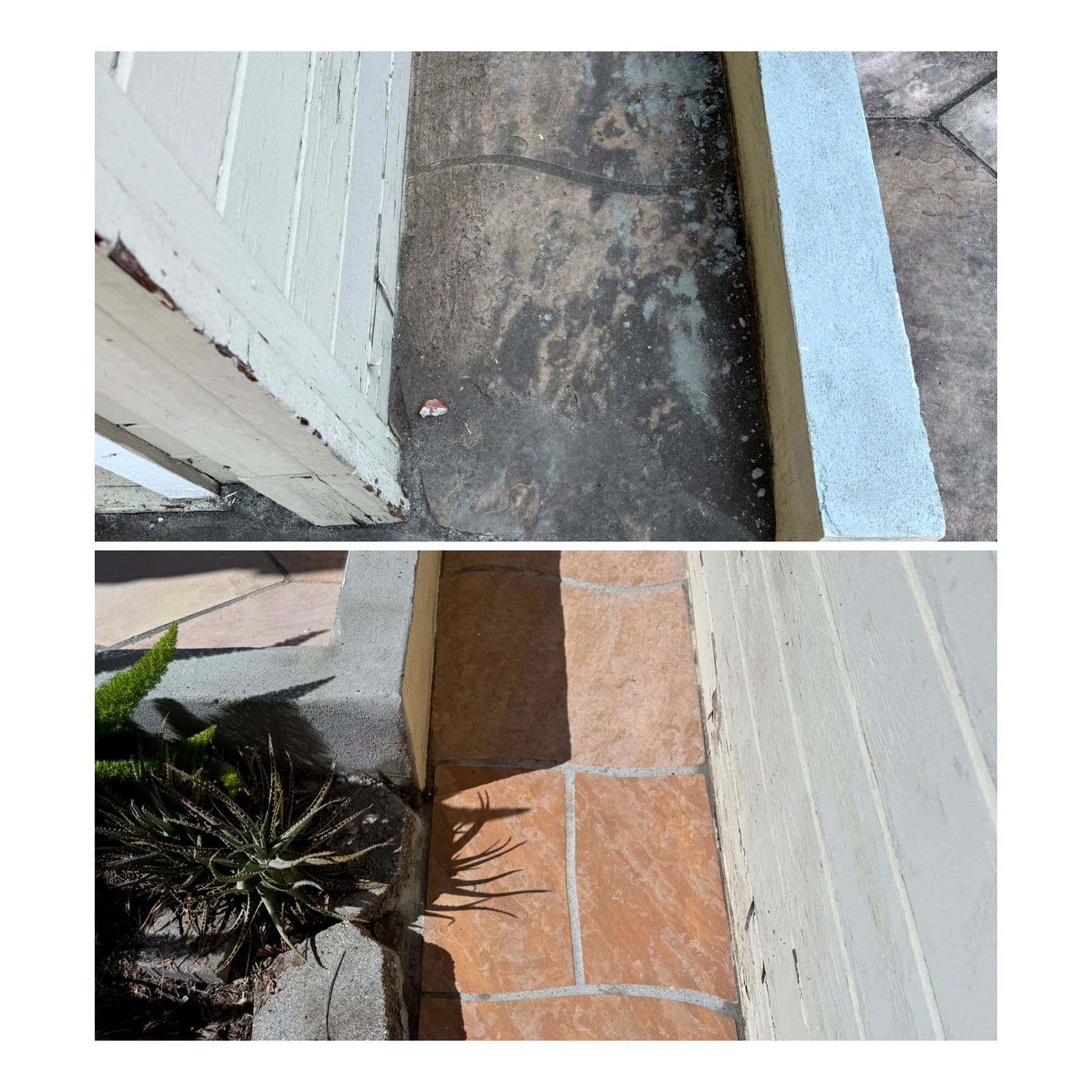 Before and after cleaning a tiled entryway — stained, darkened tile washed back to a clean terracotta finish.