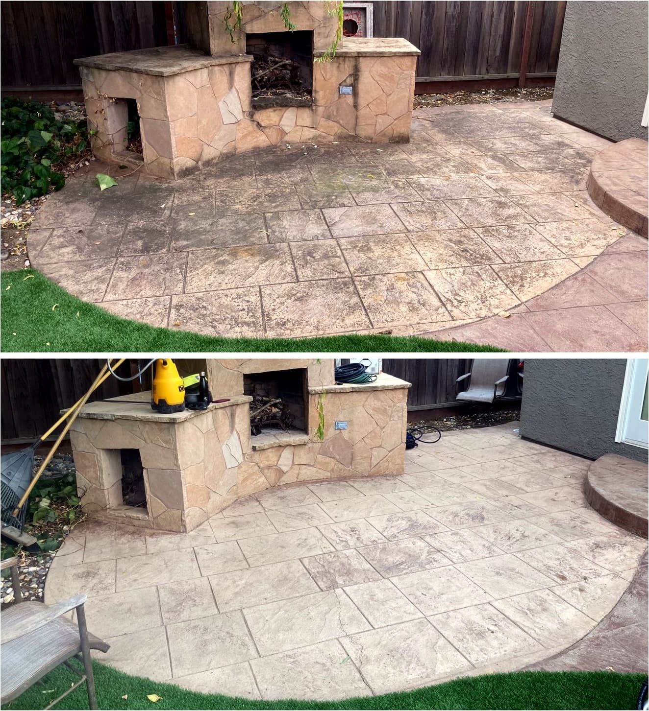 Before and after pressure washing a stamped-concrete patio: algae and grime removed to reveal the original color.