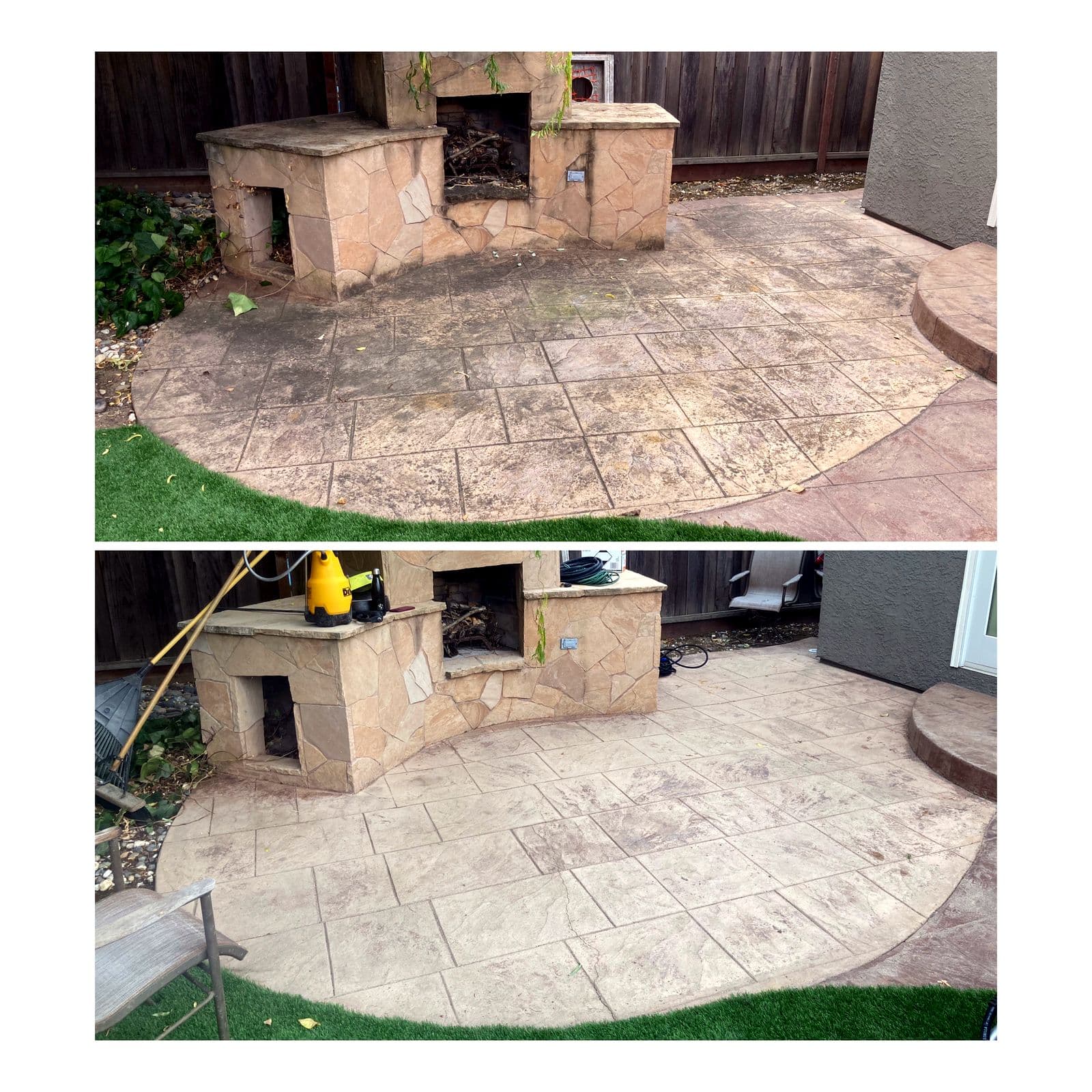 Before and after pressure washing a stamped-concrete patio: algae and grime removed to reveal the original color.