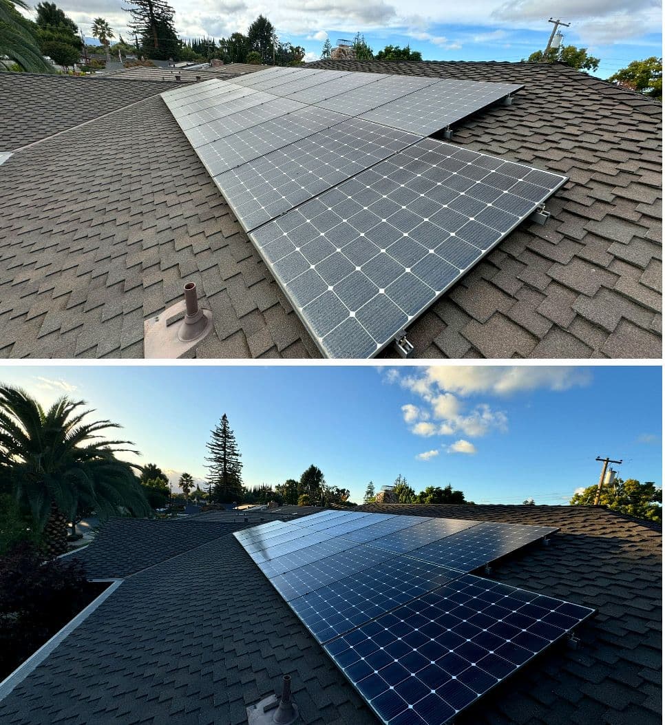 Before and after cleaning rooftop solar panels: dust and grime removed with purified water.